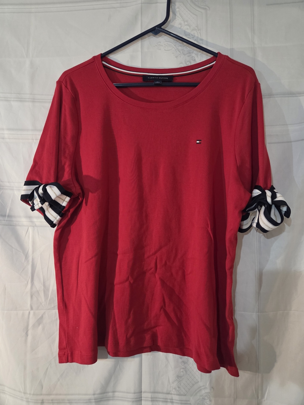 Tommy Hilfiger Red Tee with Striped Sleeve Detail